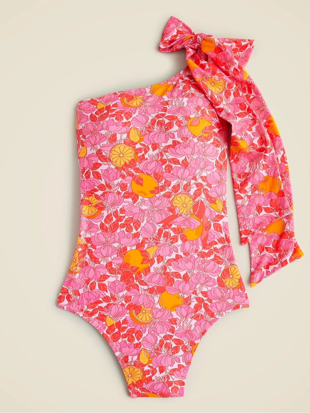 NWT J.Crew Bow One-Shoulder One-Piece Swimsuit Pink Limone Print Size 12